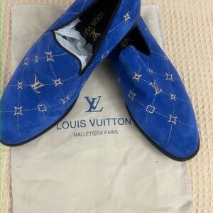 Louis Vuitton Royal Blue Suede Embroidered Slip-On Loafers